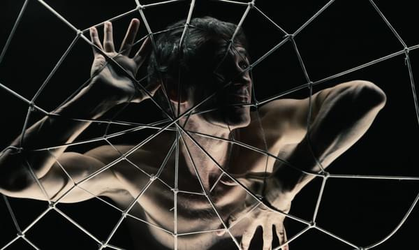 A man is caught in a giant spider web, with his face and arms pressed against the web
