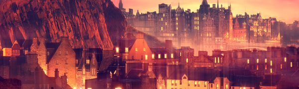 city night scene with warm glow and Northern lights in sky