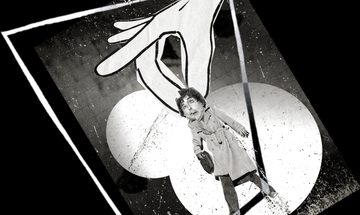 Distorted image of a man being lifted by a graphic hand on an abstract background