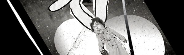Distorted image of a man being lifted by a graphic hand on an abstract background