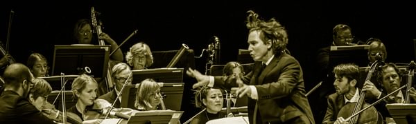 A conductor waves his arms enthusiastically before an orchestra