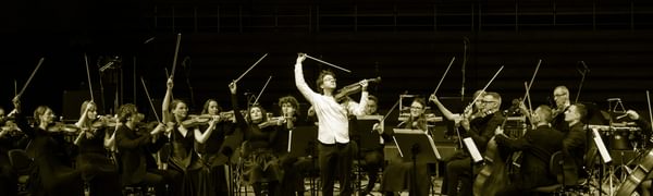 a group of string players flourish their bows in the air