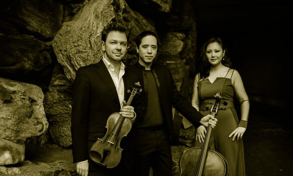 Two men and a woman stand in front of a large rock. The men wear black suits and the woman wears a bright blue dress. They are holding a violin and a cello.