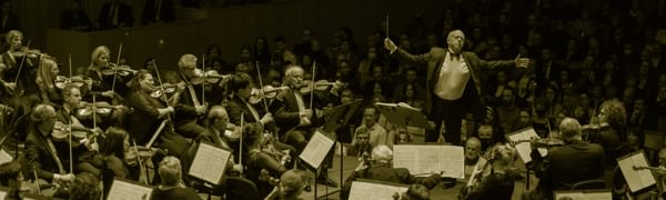 A conductor stands with his arms outstretched in the midst of an orchestra