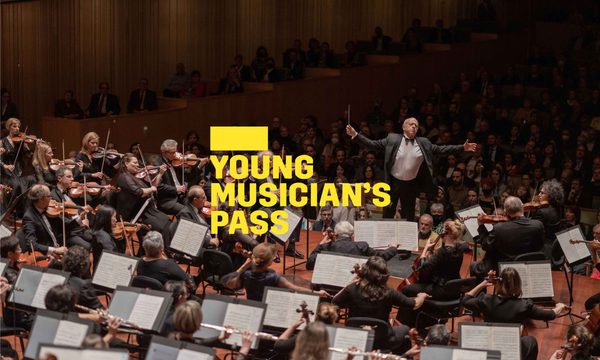 A yellow logo reading Young Musician's Pass overlays a conductor standing with his arms outstretched in the midst of an orchestra