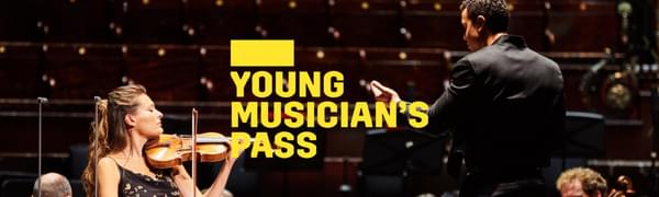 A yellow logo reading Young Musician's Pass overlays a woman standing on stage playing a violin