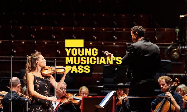 A yellow logo reading Young Musician's Pass overlays a woman standing on stage playing a violin