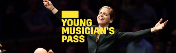 A yellow logo reading Young Musician's Pass overlays a conductor standing in front of the orchestra with her hands spread wide
