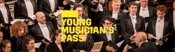 A yellow logo reading Young Musician's Pass overlays a choir dressed in formal wear sings in front of their conductor.