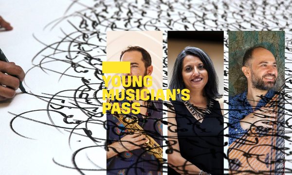 A yellow logo reading Young Musician's Pass overlays portraits of three artists on top of an image of a hand writing with a black pen on a white background