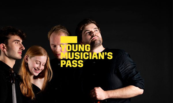 A yellow logo reading Young Musician's Pass overlays four musicians standing together all facing different directions. Their black clothing blends into the black background.