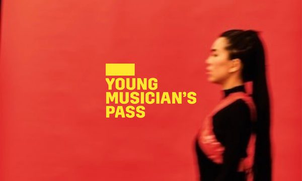 A yellow logo reading Young Musician's Pass overlays a blurred image of a woman in a black dress walking by a red wall