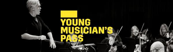 A yellow logo reading Young Musician's Pass overlays a black and white image of an orchestra sitting on stage. The conductor stands before them pointing at the orchestra.