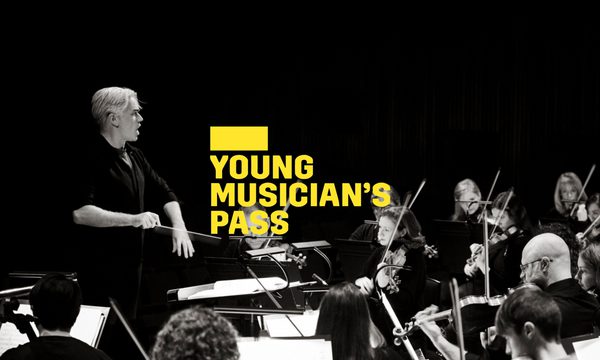 A yellow logo reading Young Musician's Pass overlays a black and white image of an orchestra sitting on stage. The conductor stands before them pointing at the orchestra.