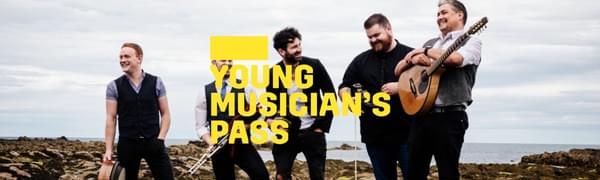 A yellow logo reading Young Musician's Pass overlays a group of five musicians standing on a rocky landscape with the sea behind them. They are laughing and smiling while holding instruments.