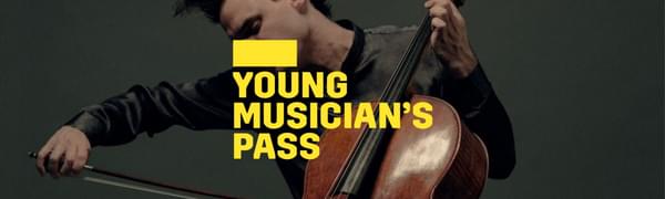 A yellow logo reading Young Musician's Pass overlays a man focused on playing a cello