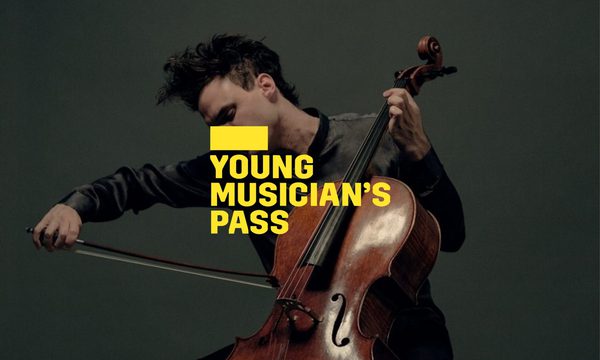 A yellow logo reading Young Musician's Pass overlays a man focused on playing a cello