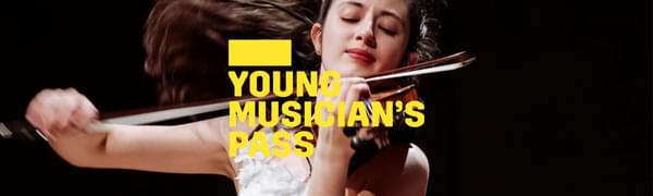 A yellow logo reading Young Musician's Pass overlays a woman dressed in a white dress playing the violin. Her brown hair is flowing behind her.
