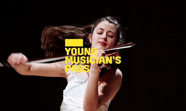A yellow logo reading Young Musician's Pass overlays a woman dressed in a white dress playing the violin. Her brown hair is flowing behind her.