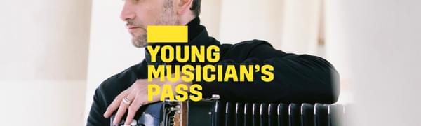 A yellow logo reading Young Musician's Pass overlays a serious looking man facing left holding a black accordion.