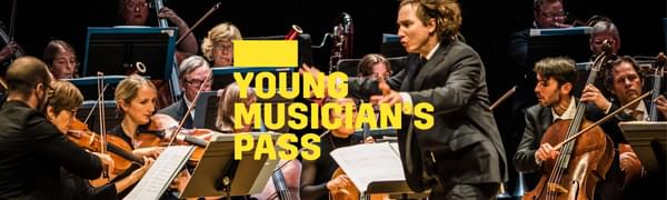 A yellow logo reading Young Musician's Pass overlays a conductor who waves his arms enthusiastically before an orchestra