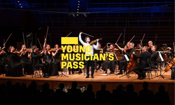 A yellow logo reading Young Musician's Pass overlays a group of string players flourishing their bows in the air