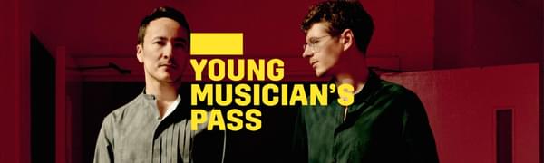 A yellow logo reading Young Musician's Pass overlays two men standing next to each other with a red background
