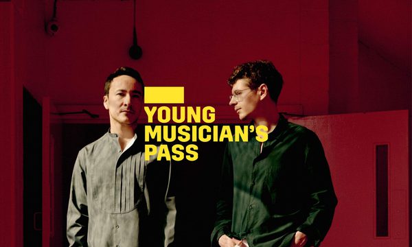 A yellow logo reading Young Musician's Pass overlays two men standing next to each other with a red background