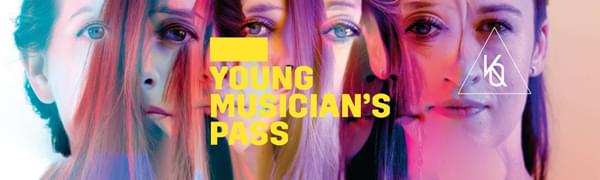 A yellow logo reading Young Musician's Pass overlays an image of five peoples faces layered on top of one another and illuminated by colourful lights.