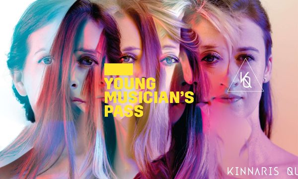 A yellow logo reading Young Musician's Pass overlays an image of five peoples faces layered on top of one another and illuminated by colourful lights.