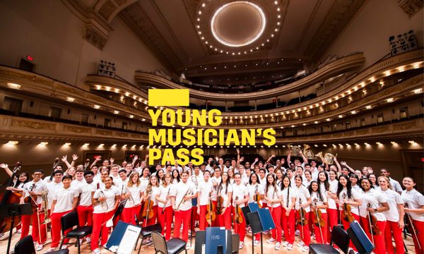 A yellow logo reading Young Musician's Pass overlays a group of young musicians standing together.