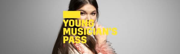 A yellow logo reading Young Musician's Pass overlays a woman with long brown hair in a pink and white gown looking over her shoulder with a knowing smile