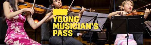 A yellow logo reading Young Musician's Pass overlays three women seated on stage playing string instruments