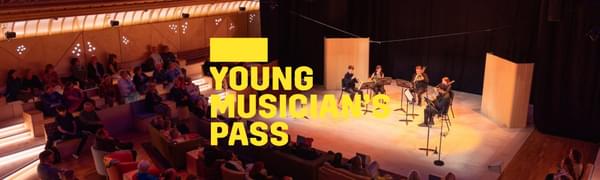 A yellow logo reading Young Musician's Pass overlays five musicians playing on a warmly lit stage to an audience.