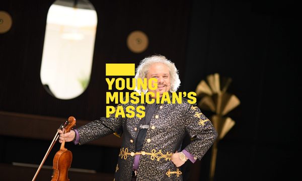 A yellow logo reading Young Musician's Pass overlays a man is stand smiling with his violin at his side