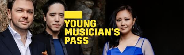 A yellow logo reading Young Musician's Pass overlays two men and a woman standing in front of a large rock. The men wear black suits and the woman wears a bright blue dress. They are holding a violin and a cello.