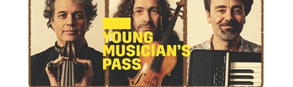 A yellow logo reading Young Musician's Pass overlays three portraits of three men on a white background. Each man is smiling and holding an instrument.