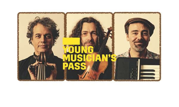 A yellow logo reading Young Musician's Pass overlays three portraits of three men on a white background. Each man is smiling and holding an instrument.