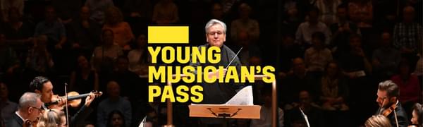 A yellow logo reading Young Musician's Pass overlays a conductor standing facing the orchestra with his baton across his chest