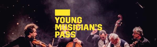 A yellow logo reading Young Musician's Pass overlays a group of five musicians that have just finished playing and are posed dramatically