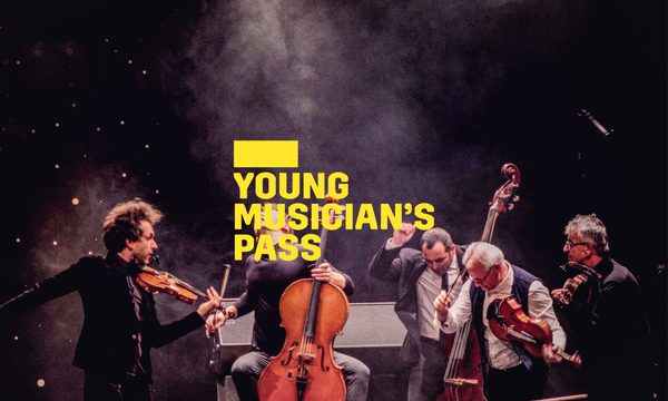 A yellow logo reading Young Musician's Pass overlays a group of five musicians that have just finished playing and are posed dramatically