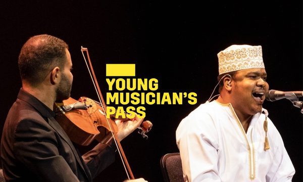 A yellow logo reading Young Musician's Pass overlays two people sitting on stage, one is playing a stringed instrument and one is singing into a microphone