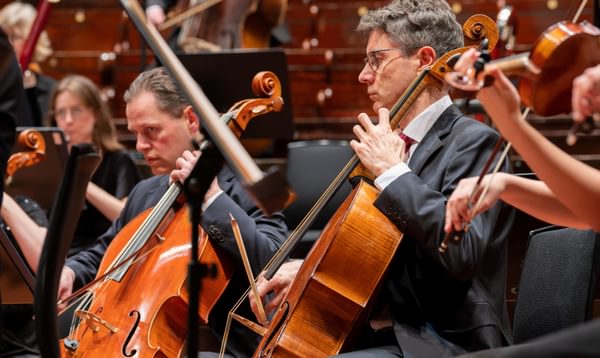 Two cellists playing their instruments