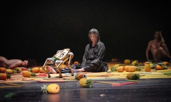 A woman in dark clothing and her hair drenched sits on the floor with pineapples strewn around. A four-legged robot painted gold looks up at her and the woman stairs back.