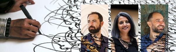 Portraits of three artists appear on top of an image of a hand writing with a black pen on a white background
