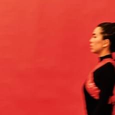 A blurred image of a woman in a black dress walking by a red wall