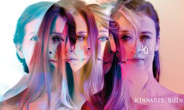 An image of five peoples faces layered on top of one another and illuminated by colourful lights.
