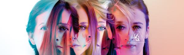 An image of five peoples faces layered on top of one another and illuminated by colourful lights.