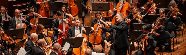 An orchestra appears on stage with the conductor stood before them