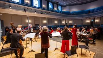 a group of string players stand on stage with their backs facing the camera